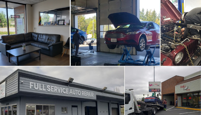 Photo of the inside of a repair shop, two photos of mechanics working on cars, and two exterior photos of Emily's Garage.