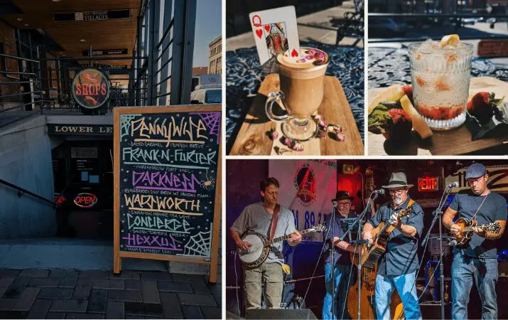 'Shops' entrance, event sign, cocktails, and a band performing live music.