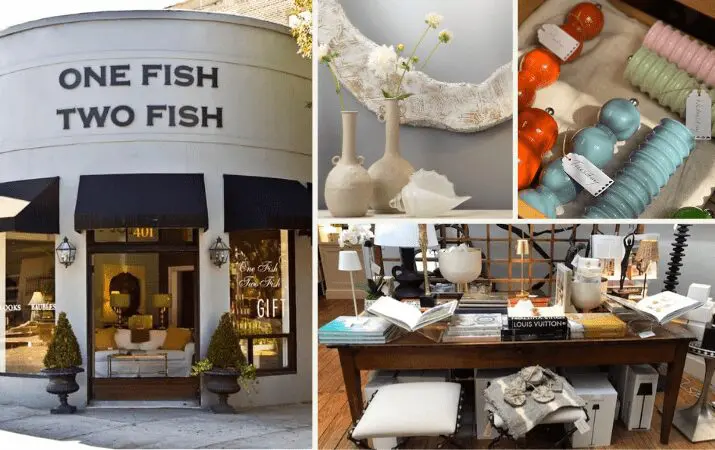 'One Fish Two Fish' store exterior and interior displays with home decor and books.