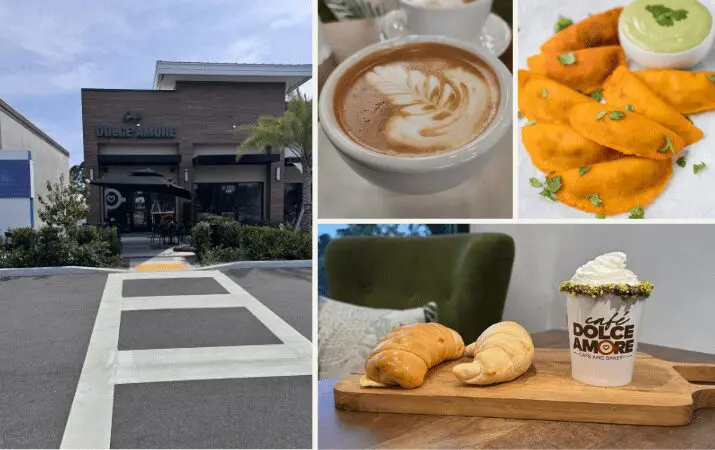 Cafe exterior and interior with coffee, empanadas, croissants, and a whipped cream-topped drink.