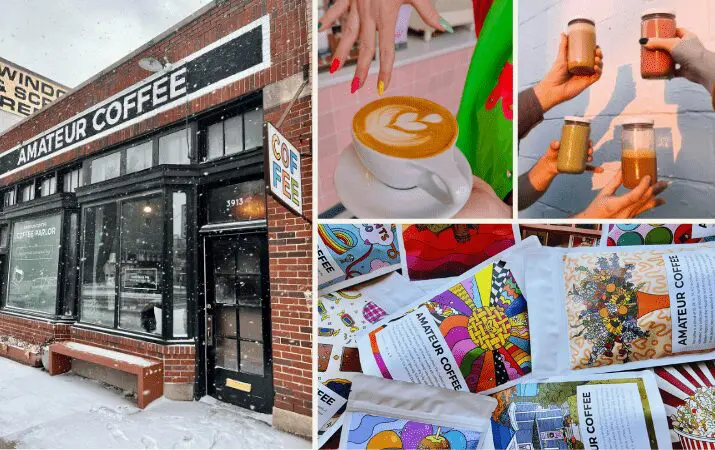 Exterior of 'Amateur Coffee' shop, latte art, colorful coffee bags, and people holding drinks.