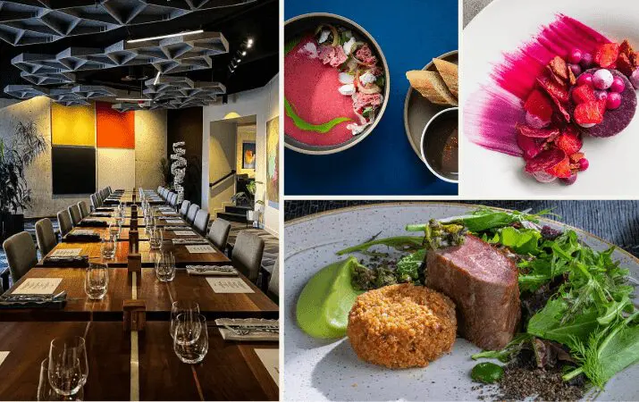 'Restaurant interior with modern decor and three gourmet dishes: soup, beet salad, and meat with greens.'