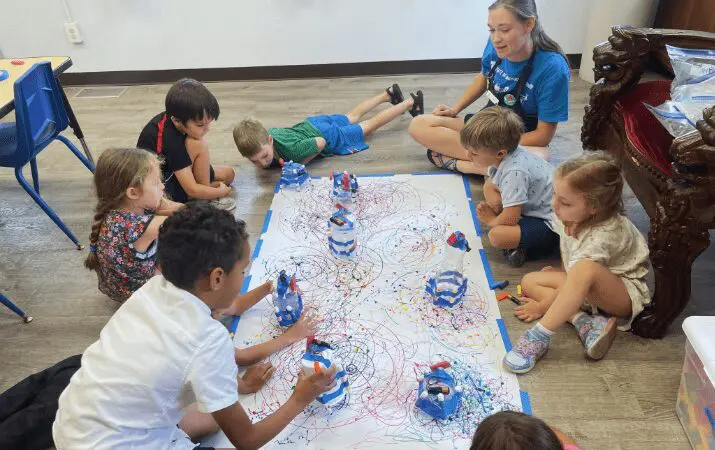 Children and a teacher engage in a creative art activity with robots on a large paper.