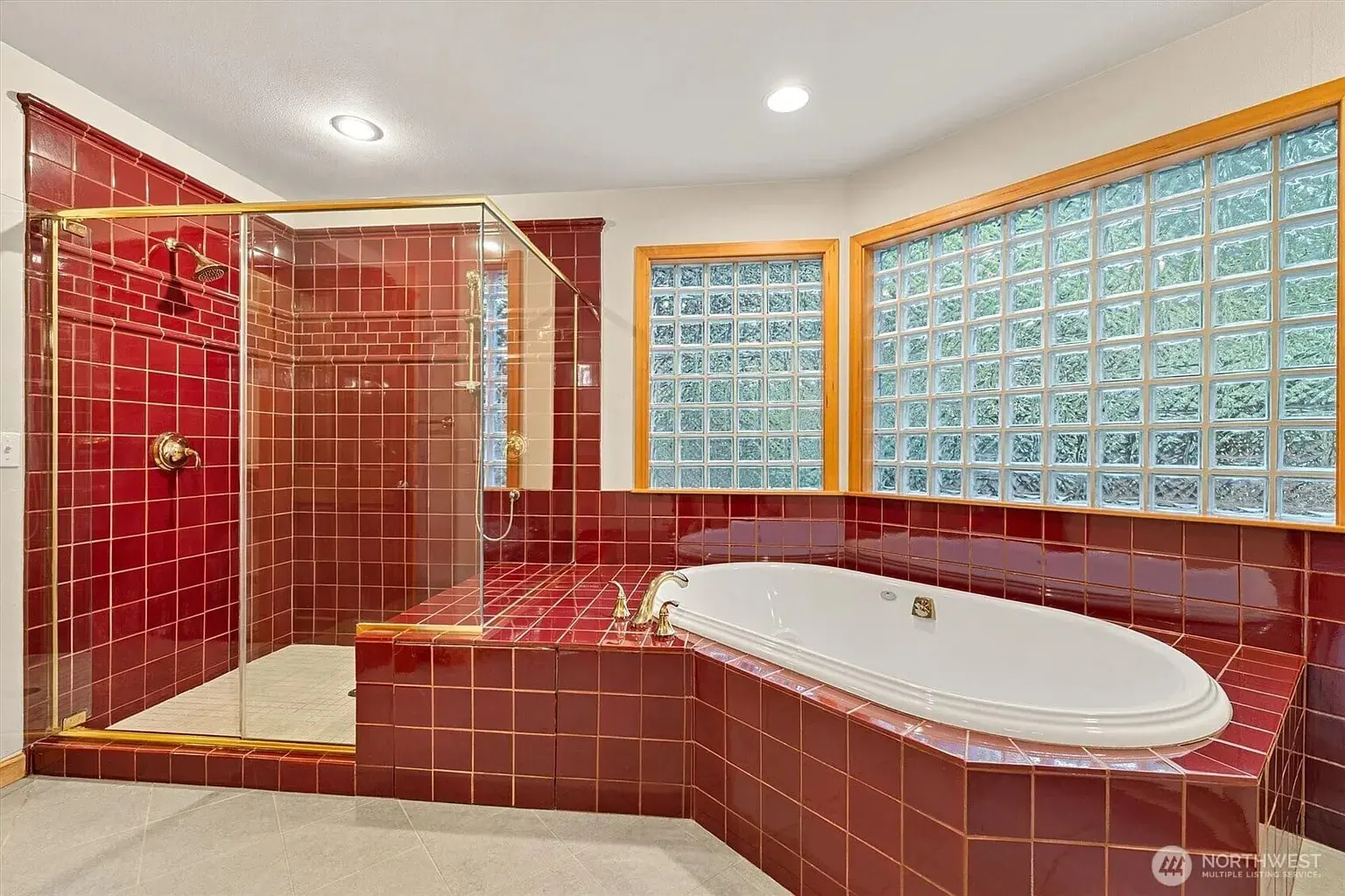 Bathroom with red-tiled shower and bathtub, surrounded by glass block windows.