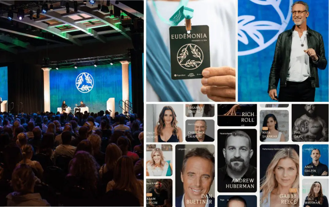 'The Eudemonia Center' event with speakers, audience, and promotional materials featuring various presenters.