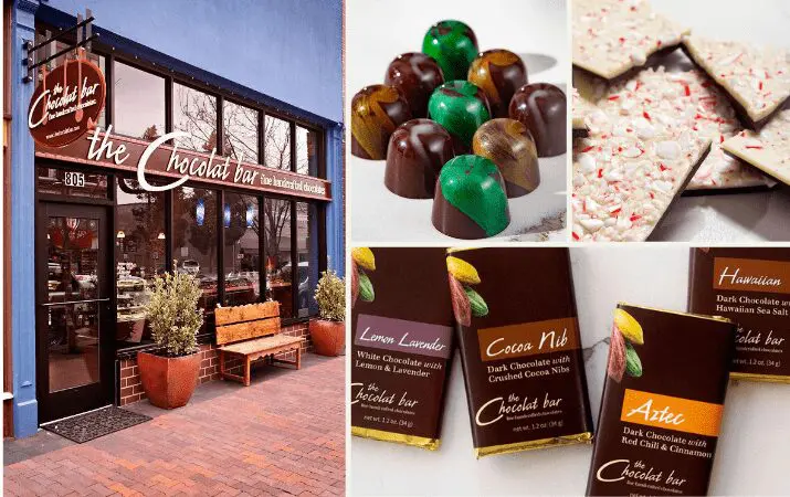 'The Chocolat Bar' storefront, assorted chocolates, peppermint bark, and chocolate bar packaging.