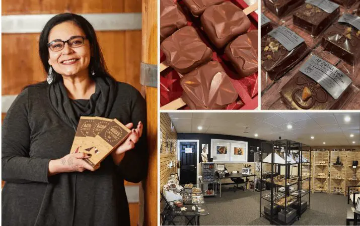 Woman holding chocolate bars, assorted chocolates, and an interior view of a chocolate shop.