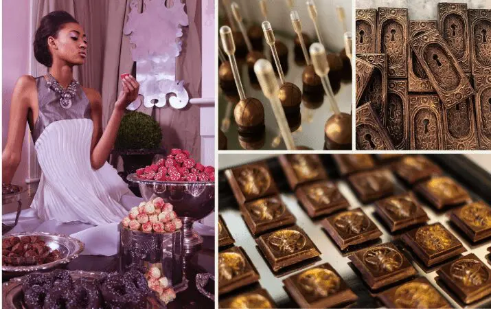 Woman enjoying chocolates at an elegant event, surrounded by various ornate chocolate displays.