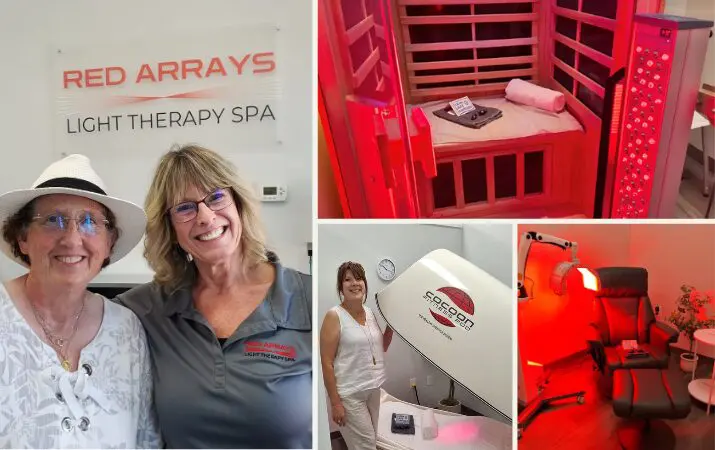 'Red Arrays Light Therapy Spa' sign, two women smiling, light therapy equipment, and a cozy chair.
