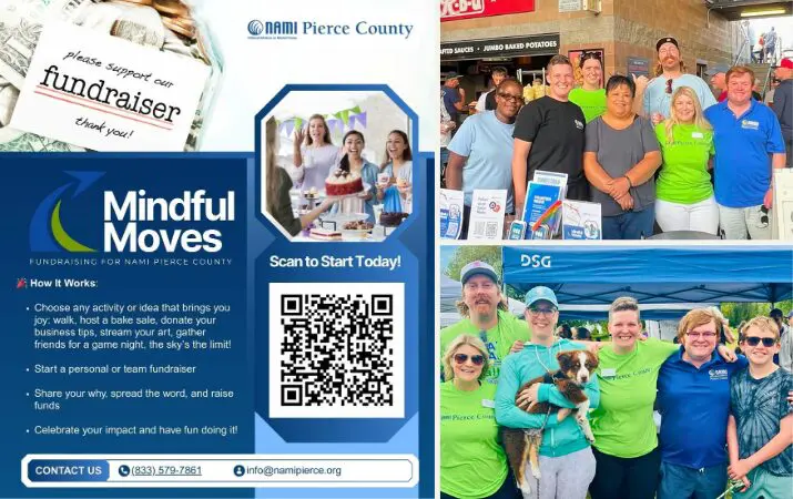 'Mindful Moves' fundraiser for NAMI Pierce County, featuring QR code, volunteers, and a community event.