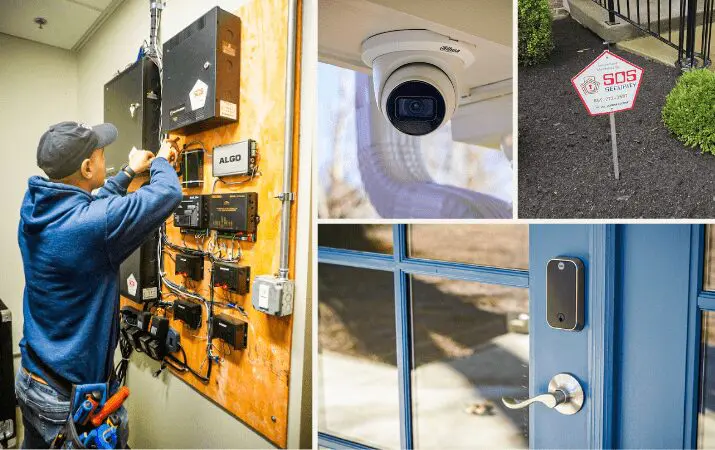 Technician installing security system; images of a surveillance camera, security sign, and door sensor.