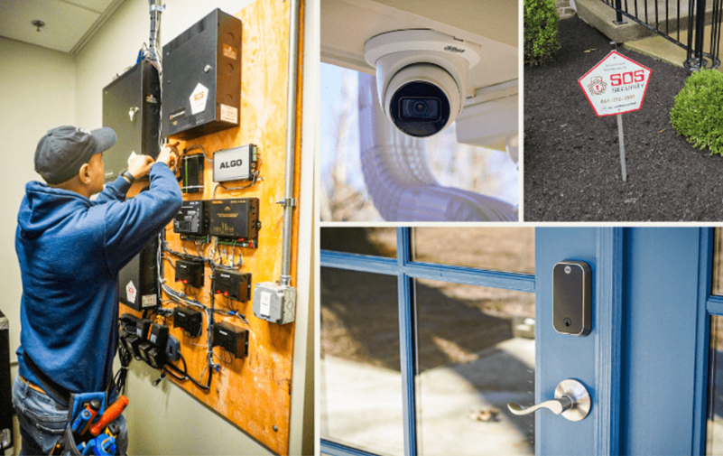 Technician installing security system; includes cameras, control panels, and 'SOS Alarm' sign.
