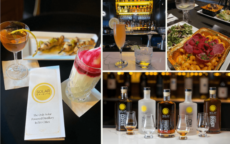Collage of cocktails and appetizers with Solar Spirits bottles and tasting glasses on a bar.