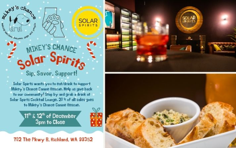 'Mikey's Chance Solar Spirits' event poster with food and drink images, promoting canine rescue support.