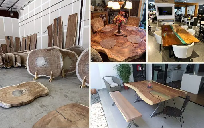 'Collage of wooden tables: slabs in storage, round dining, resin river, and live edge designs.'