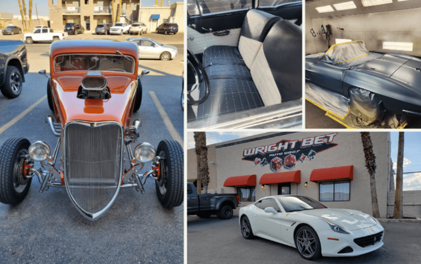 'Wright Bet Auto Body' collage: classic car, car interior, car in workshop, and white sports car outside.