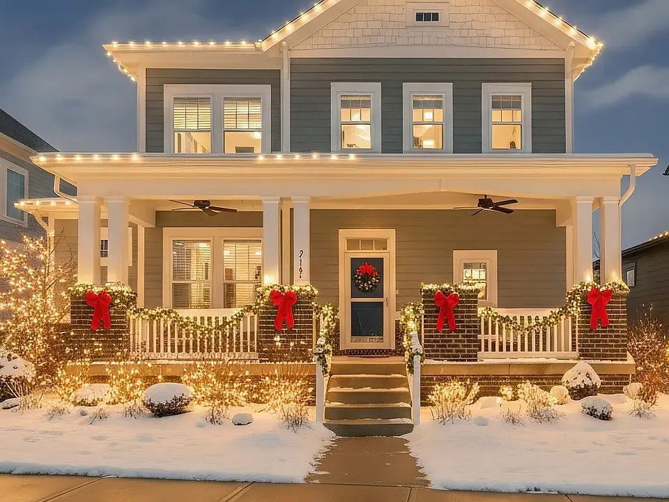Two-story house decorated with Christmas lights and red bows, surrounded by snow.