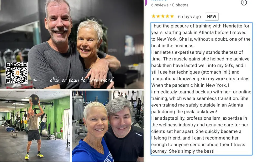 Collage featuring personal trainer and clients working out, a positive testimonial, and a QR code for more information.