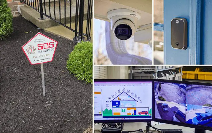 Collage of home security: yard sign, outdoor surveillance camera, video doorbell, and multi-camera monitoring screens.