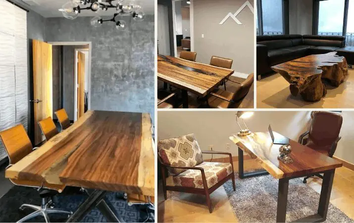 Collage shows live-edge conference table, slab coffee table, and desk with laptop in modern rooms.