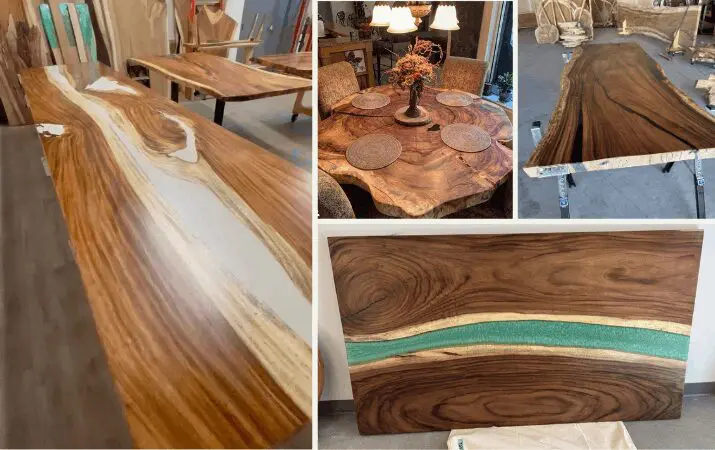 Collage of handcrafted live-edge wood and epoxy resin river tables, including a round dining table and workshop slabs.