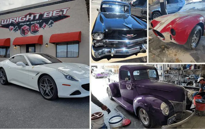 Collage of vehicles at Wright Bet Auto Body: white Ferrari, classic Chevy, striped roadster, purple vintage pickup.