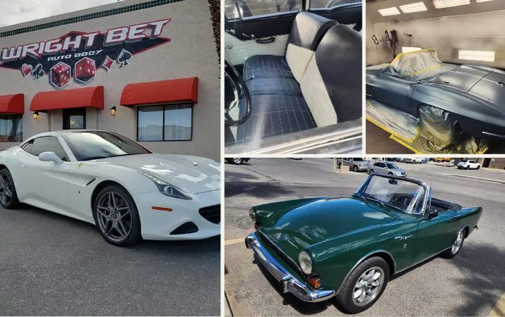 Collage of auto body shop and classic car restoration, including white Ferrari and green convertible.