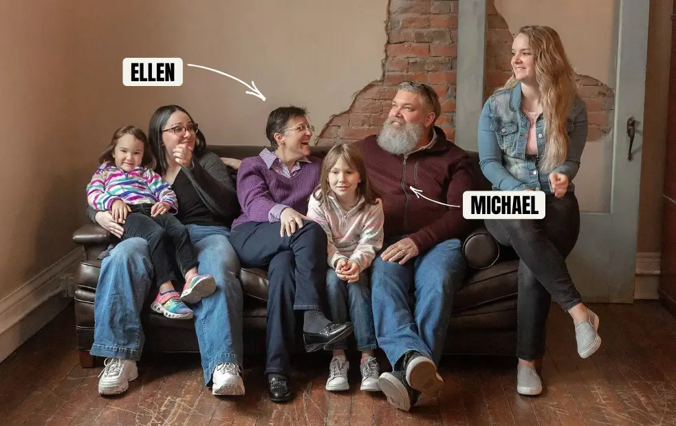 Five people sit on a couch; two are labeled by name with arrows.