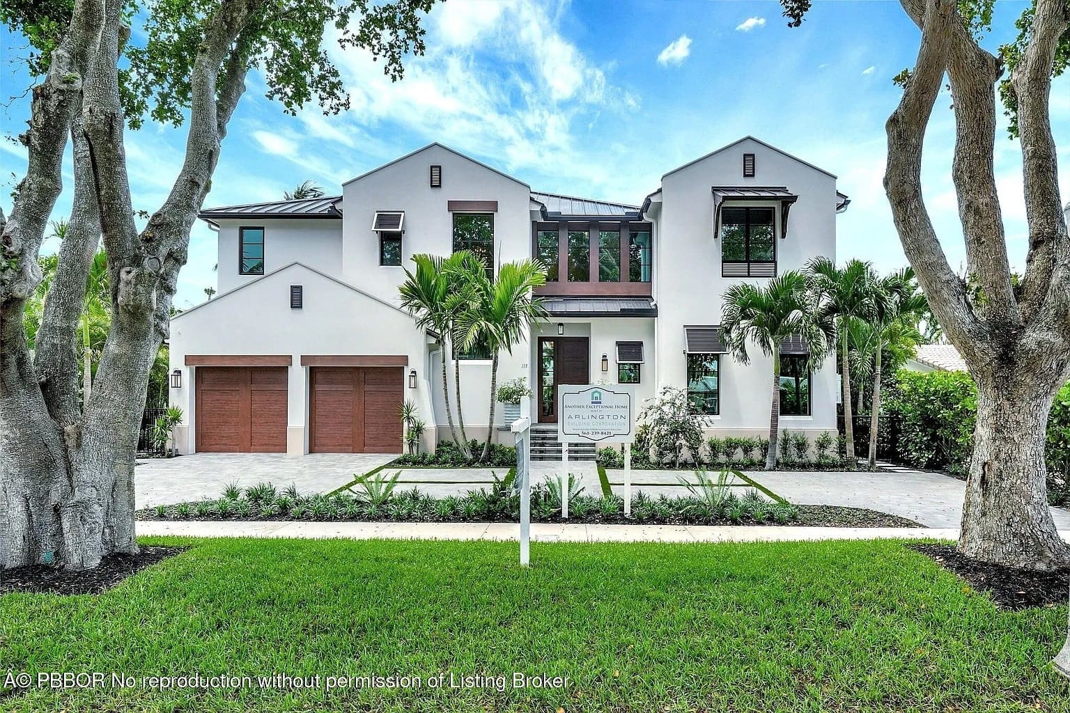 Modern two-story house with palm trees, a double garage, and a