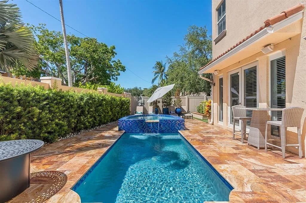 Backyard with a small pool, hot tub, patio furniture, and lush greenery under a clear sky.
