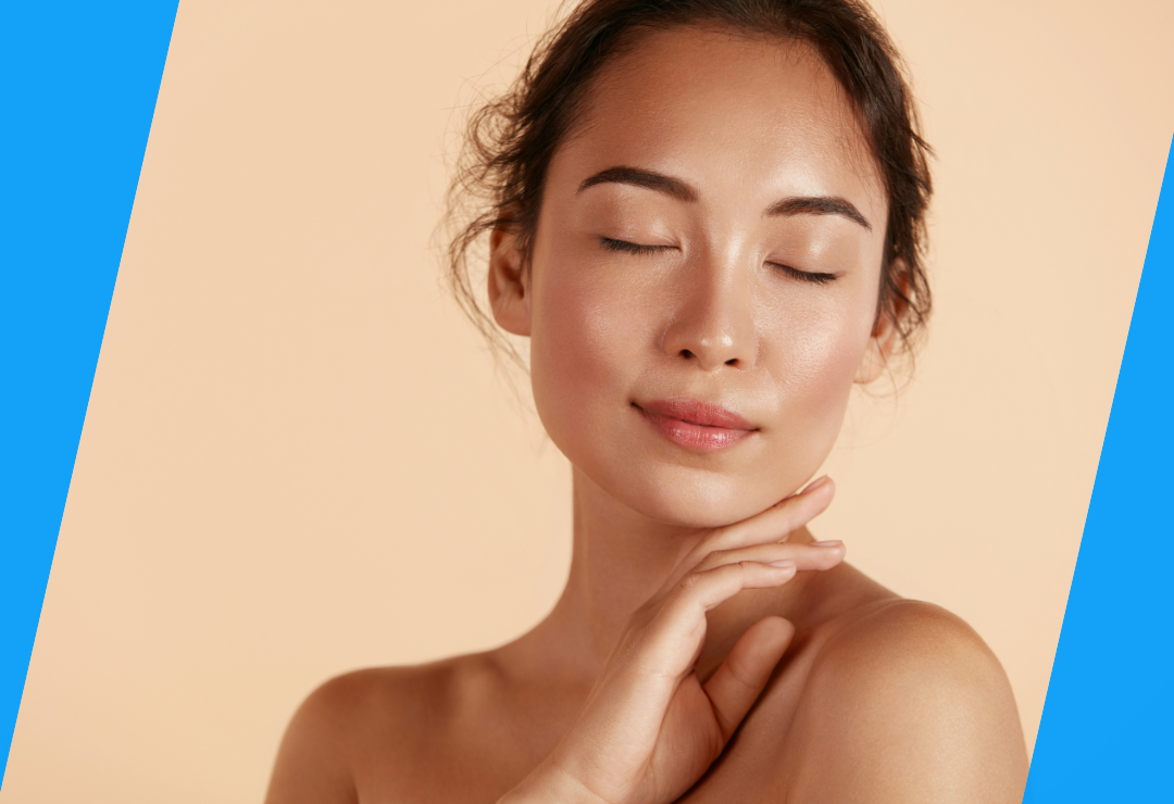 A woman with closed eyes and a serene expression against a beige background.