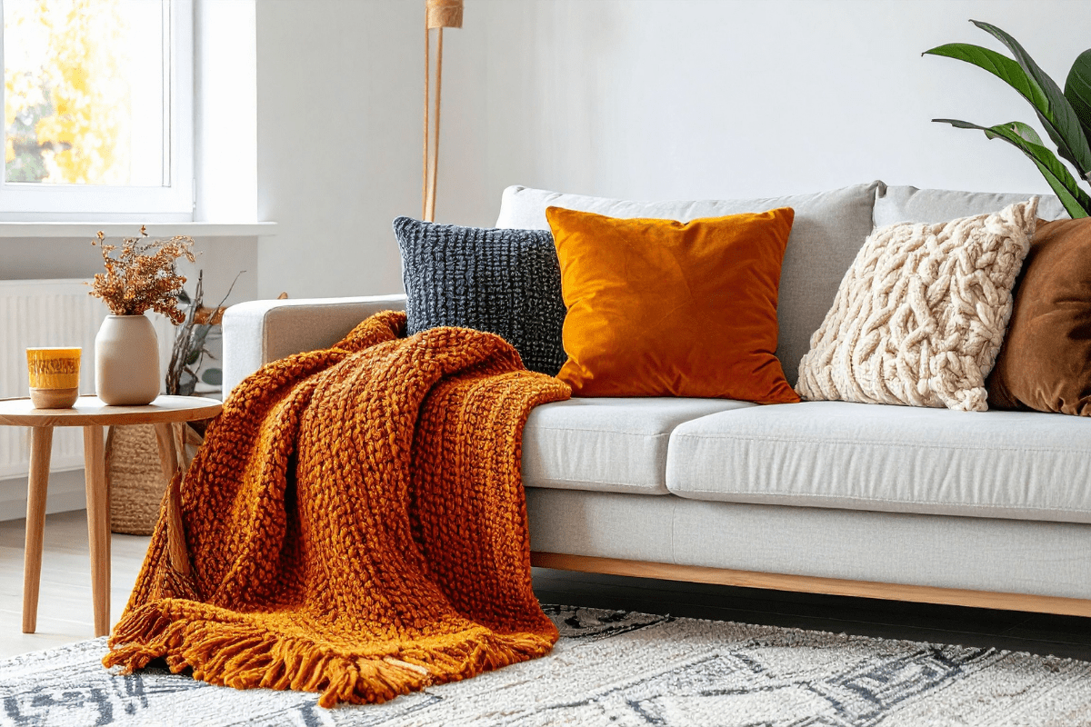 A cozy living room features a light gray sofa adorned with textured pillows and a chunky orange throw blanket, accompanied by a small wooden side table holding a mug and dried flowers.