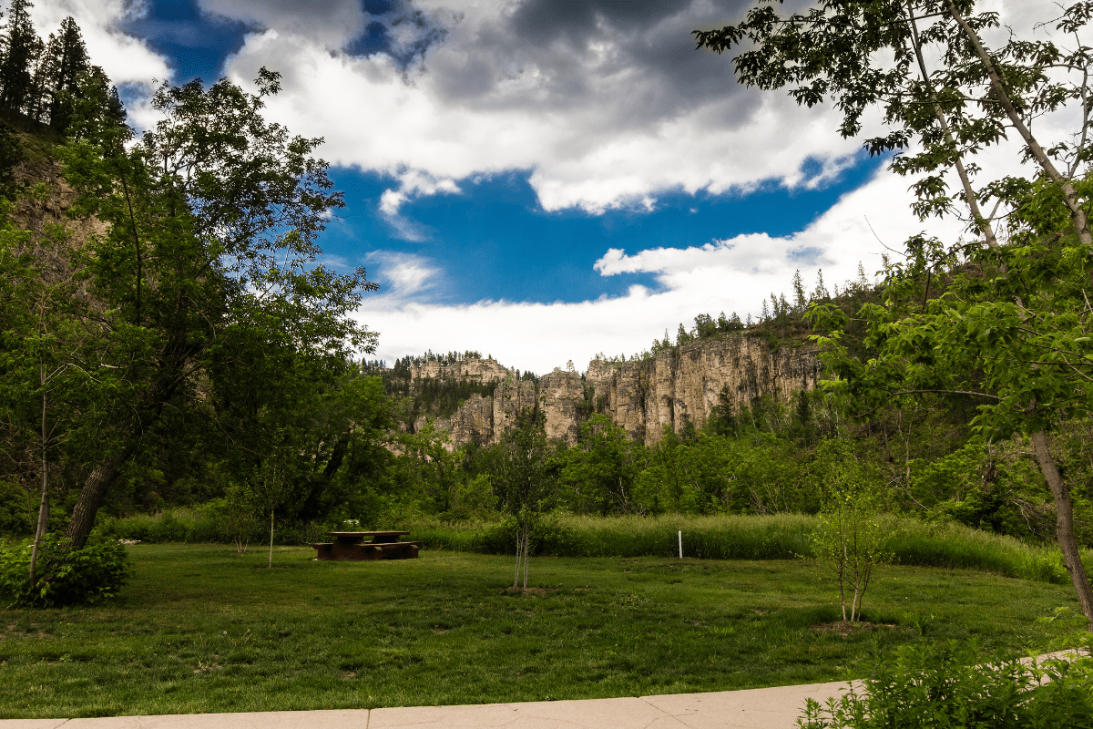 A lush green park with a picnic table is surrounded by tall trees and rocky cliffs under a partly cloudy blue sky.