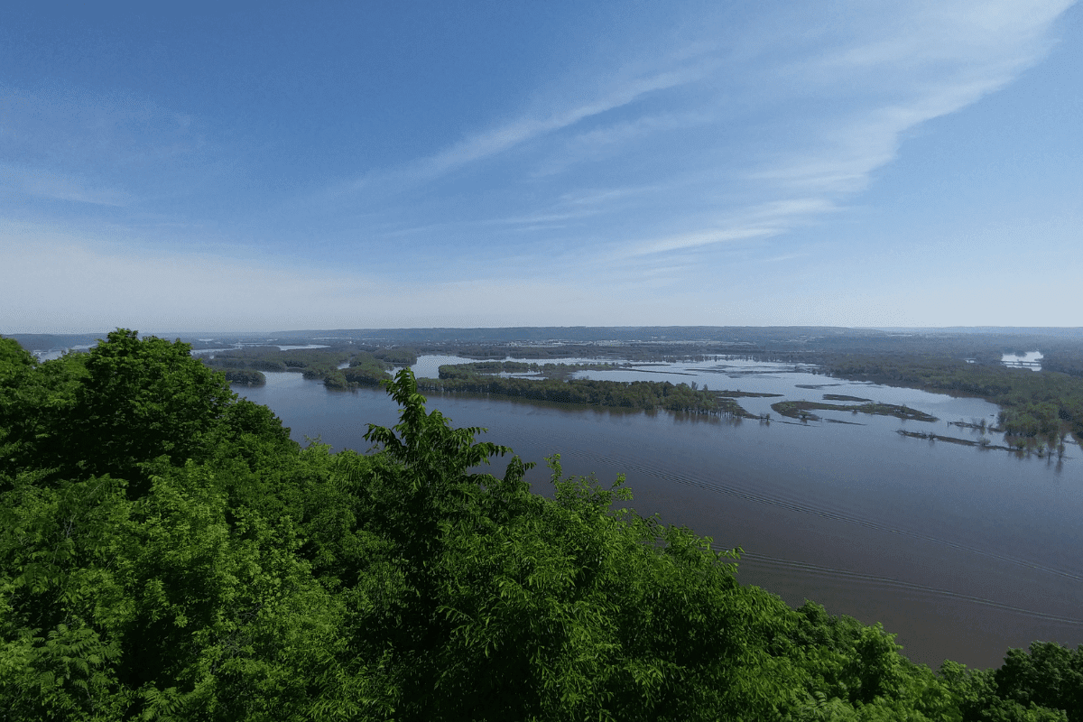 A scenic view of a wide river winding through lush green forests under a clear blue sky with scattered clouds.