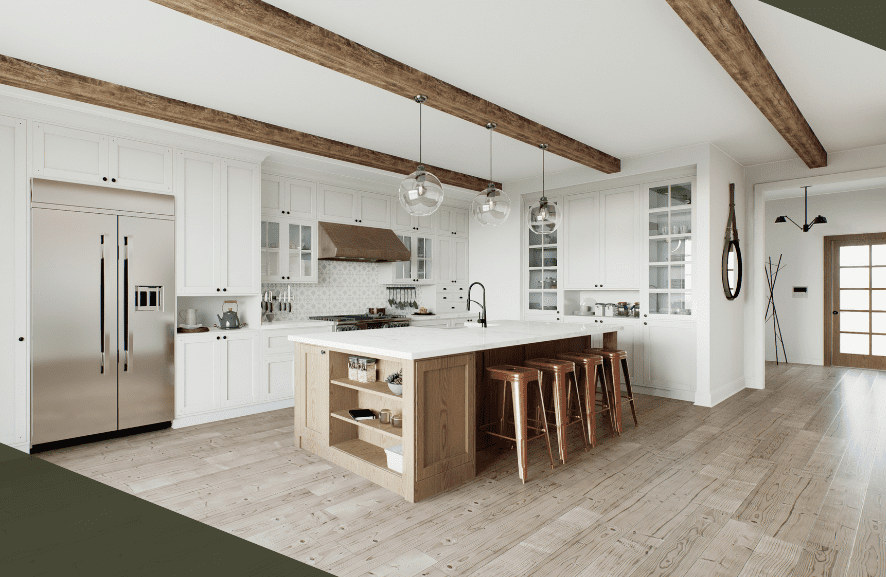 Spacious modern kitchen with wooden beams, island, bar stools, and stainless steel appliances.