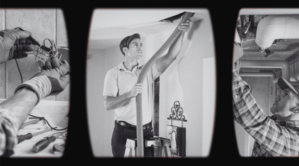 'Three-panel image: electrician wiring, man installing ductwork, and technician inspecting pipes in black and white.'