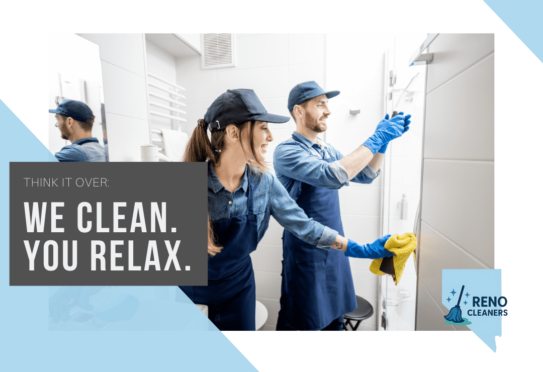 Two cleaners in uniforms clean a bathroom. Text reads 'Think it over: We clean. You relax.'