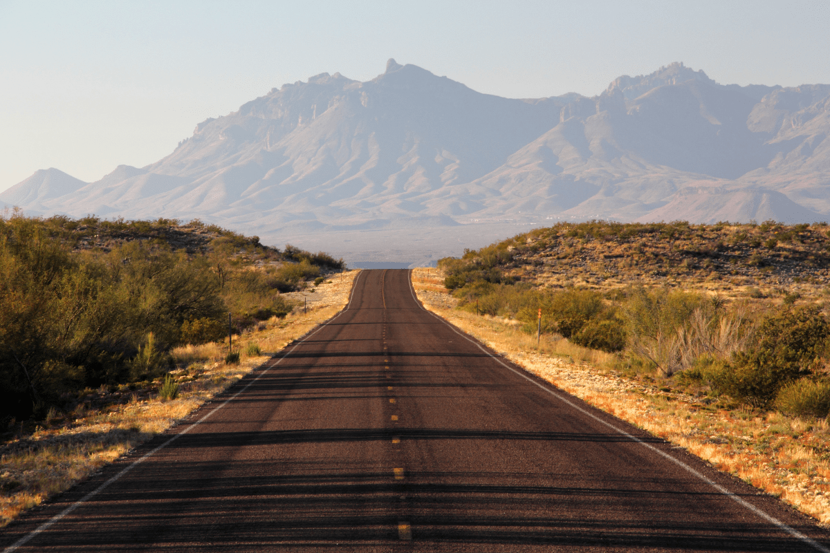 A straight, empty road stretches into the distance, flanked by desert vegetation, leading towards a distant mountain range under a clear sky.
