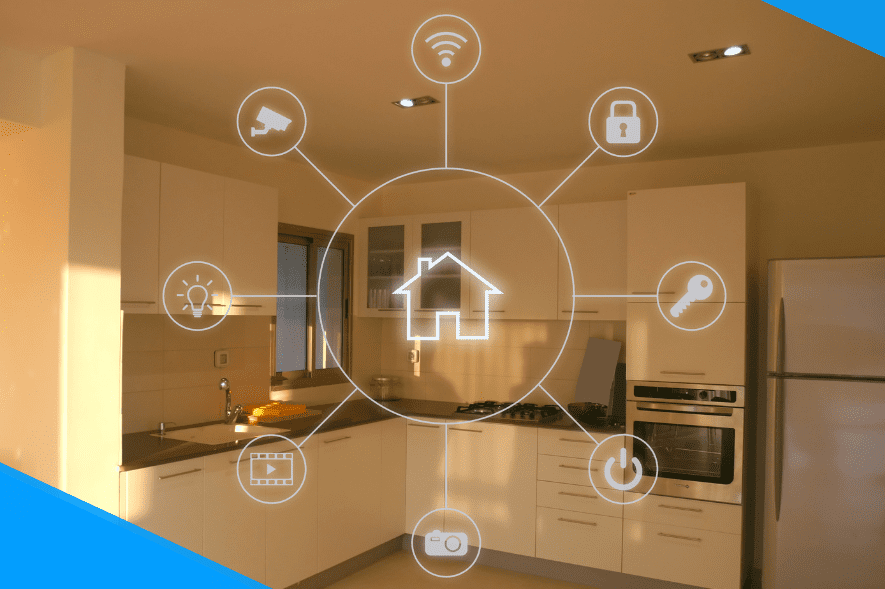 Modern kitchen with smart home technology icons connected to a central house symbol.