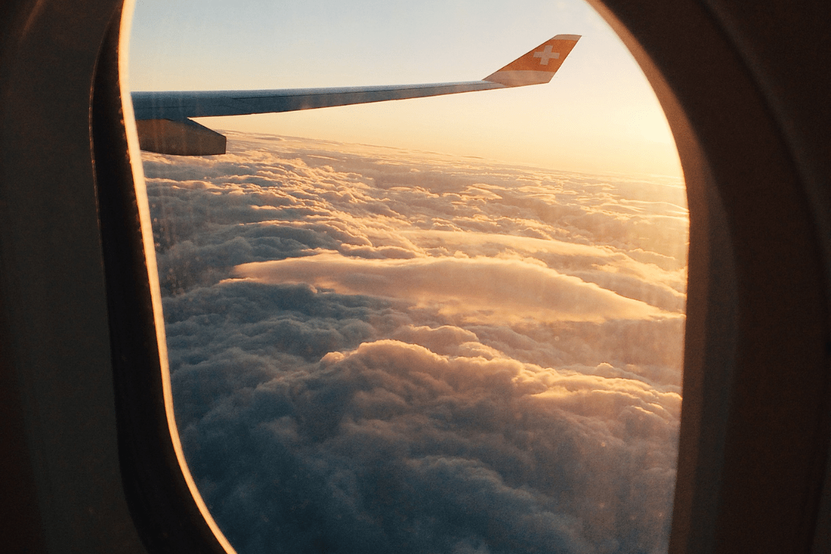 Tips-for-Saving-Money-on-Vacation-min View from an airplane window showing a Swiss flag on the wingtip, with a stunning sunset illuminating fluffy clouds below.