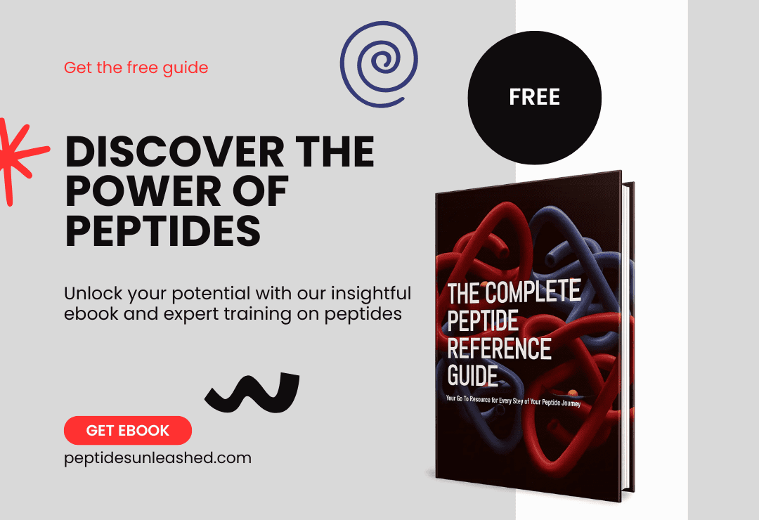 Advertisement for a free ebook titled 'The Complete Peptide Reference Guide' with a download button.