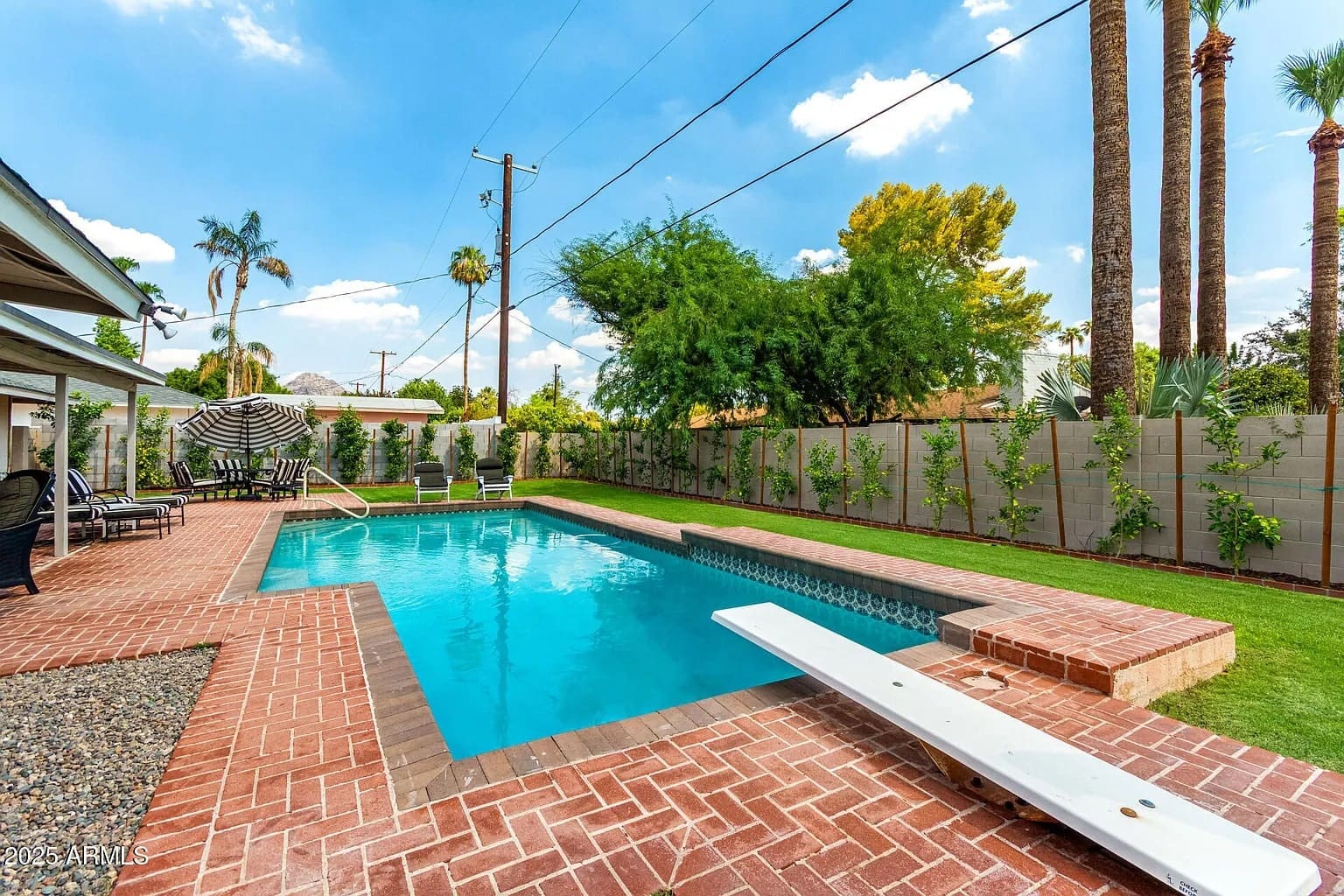 Backyard pool with brick patio, diving board, lounge chairs, and surrounding palm trees.