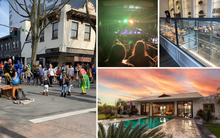 Street performers entertain crowd; concert audience; bakery display; luxury house with pool at sunset.