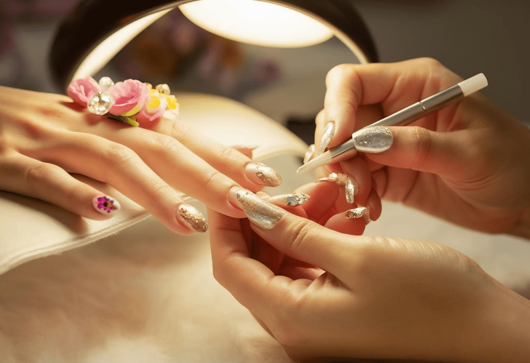 Person receiving a manicure under a lamp, with glittery nails and floral decorations.