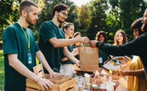 People at a table handing out supplies for a community organization