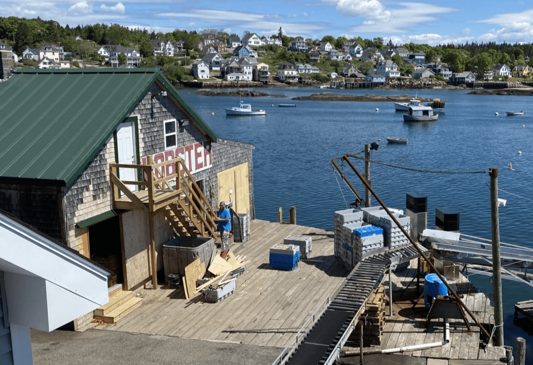 A waterfront scene with a wooden building labeled 'Lobster', boats, and a coastal village.