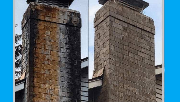 'Before and after' image of a chimney cleaning, showing dirty and clean states.