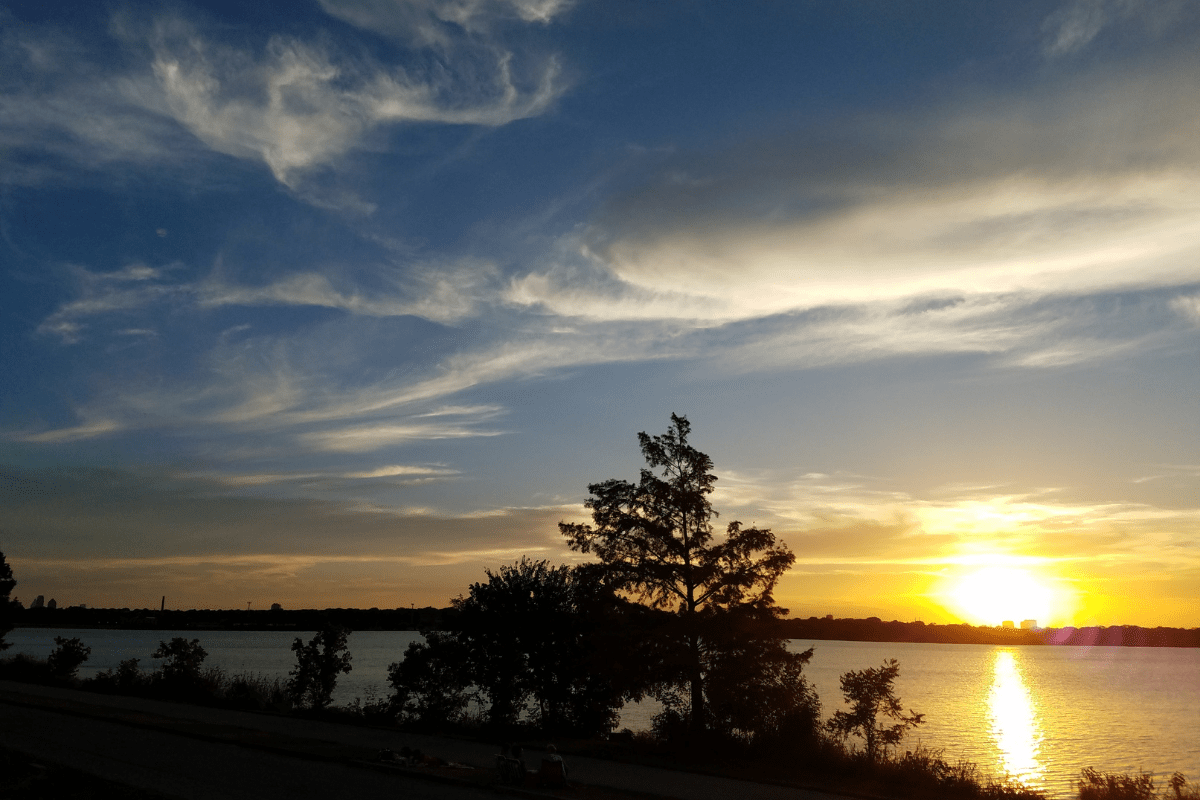 A serene sunset over a calm lake, with silhouetted trees in the foreground and wispy clouds scattered across the sky.