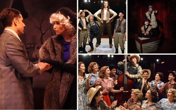 Collage of theatrical performances featuring actors in various costumes and dramatic scenes.