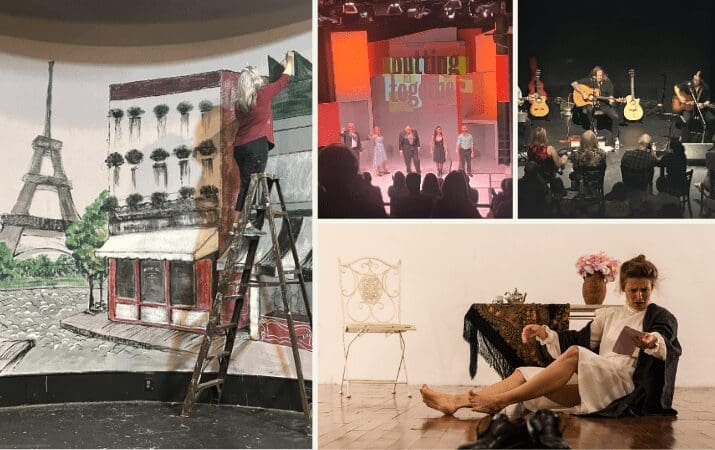 A collage of four images: a mural painting, a stage performance, a music concert, and a theatrical scene.